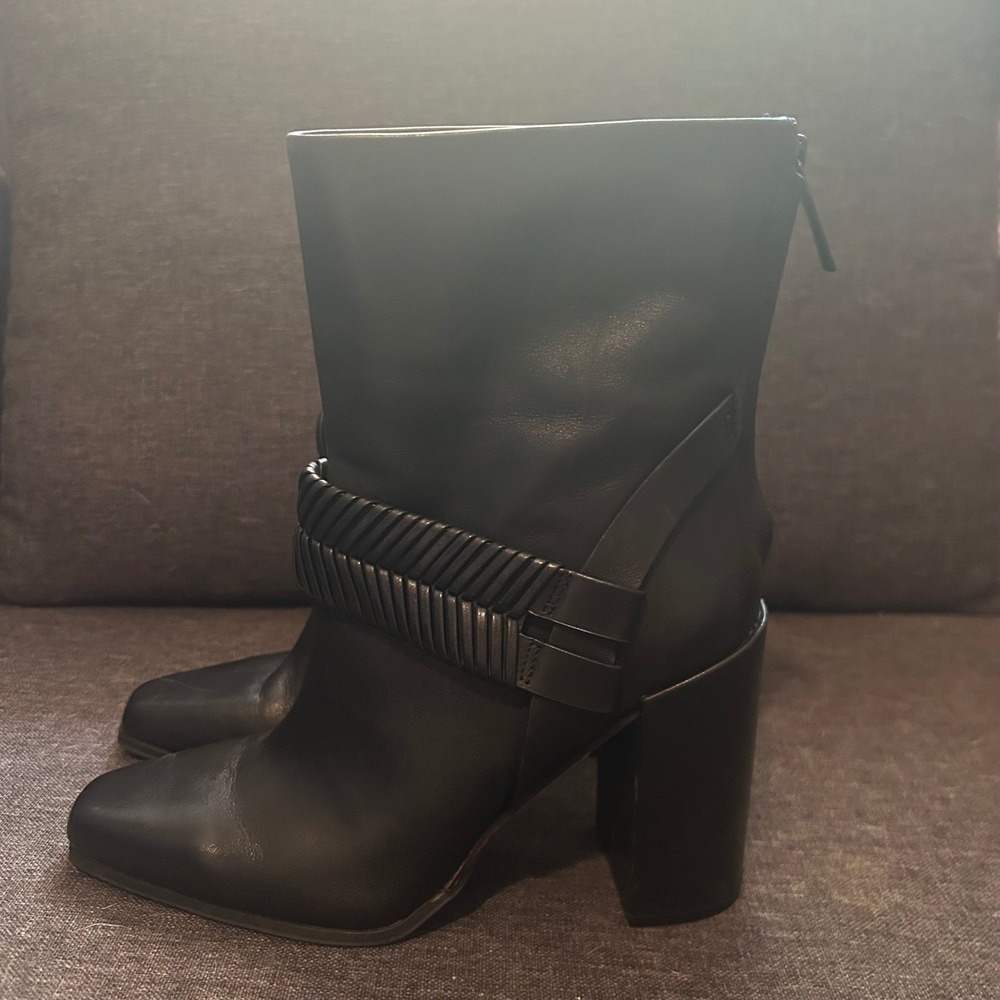 Black Leather Moto Biker Boots Square Toe Block Heel Harness Statement Womens 6